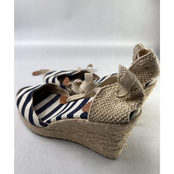 J. Crew Espadrille Wedges Ankle Wrap Striped Canvas Fabric Platform Heel Size 9 - Picture 3 of 6